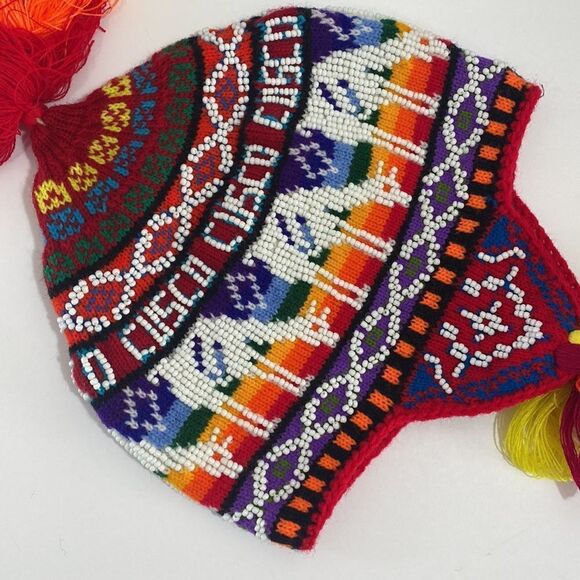 Colorful Andean Peruvian Knit Tassel Winter Hat Beaded Embroidered Boho main image 14